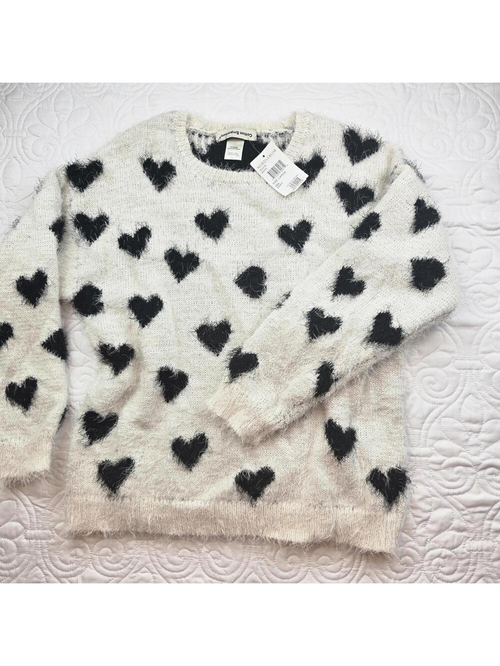 Cotton Emporium Fuzzy Heart Sweater Cream Black Eyelash Knit Soft Cozy Large NWT - Picture 2 of 5